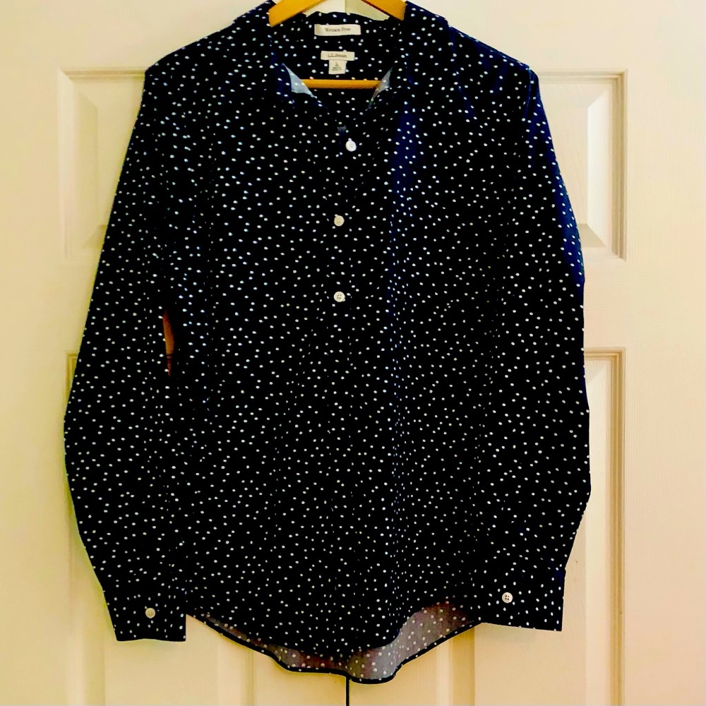 LLBean wrinkle free, button down shirt, navy blue & white polka dots, size Large